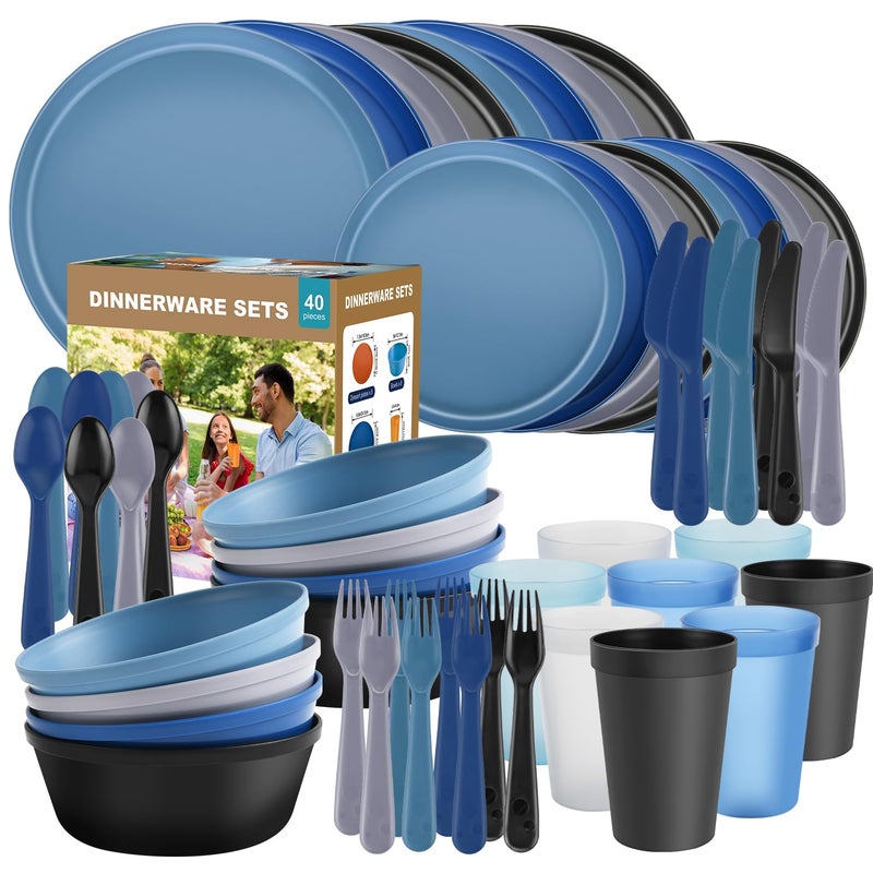 Blwan 40 Piece Plastic Dinnerware Set for 8 with Cutlery, Unbreakable Plates and Bowls Set, Dishwasher & Microwave Safe Reusable Dish Set for Camping, RV, Outdoor Kitchen, Apartment Dining,Ocean Multicolor - Image 1
