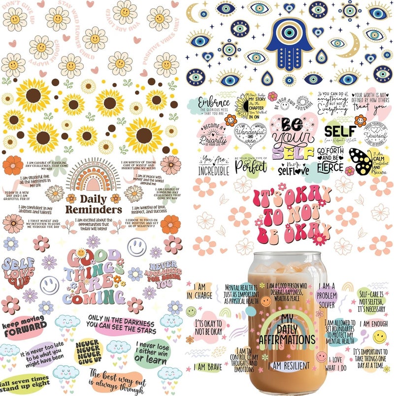 نقل لفافة كوب UV DTF لزجاج 16 أونصة علبة زجاجية نقل فرك للحرف ملصقات كوب 9 أوراق مقاومة للماء جاهزة للتطبيق جاهزة للضغط لنقل الحرف بأسلوب حب الذات الملهم