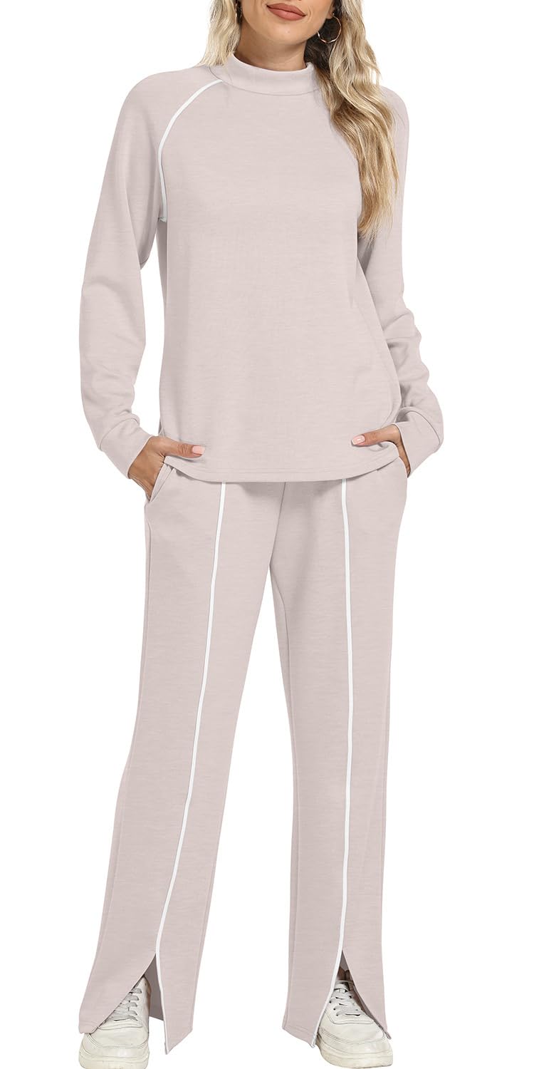 WIHOLL Two Piece Sets for Women Travel Set Womens Clothing Long Sleeve Tops Comfy Set Comfiest Airport Outfits Beige S - Image 5