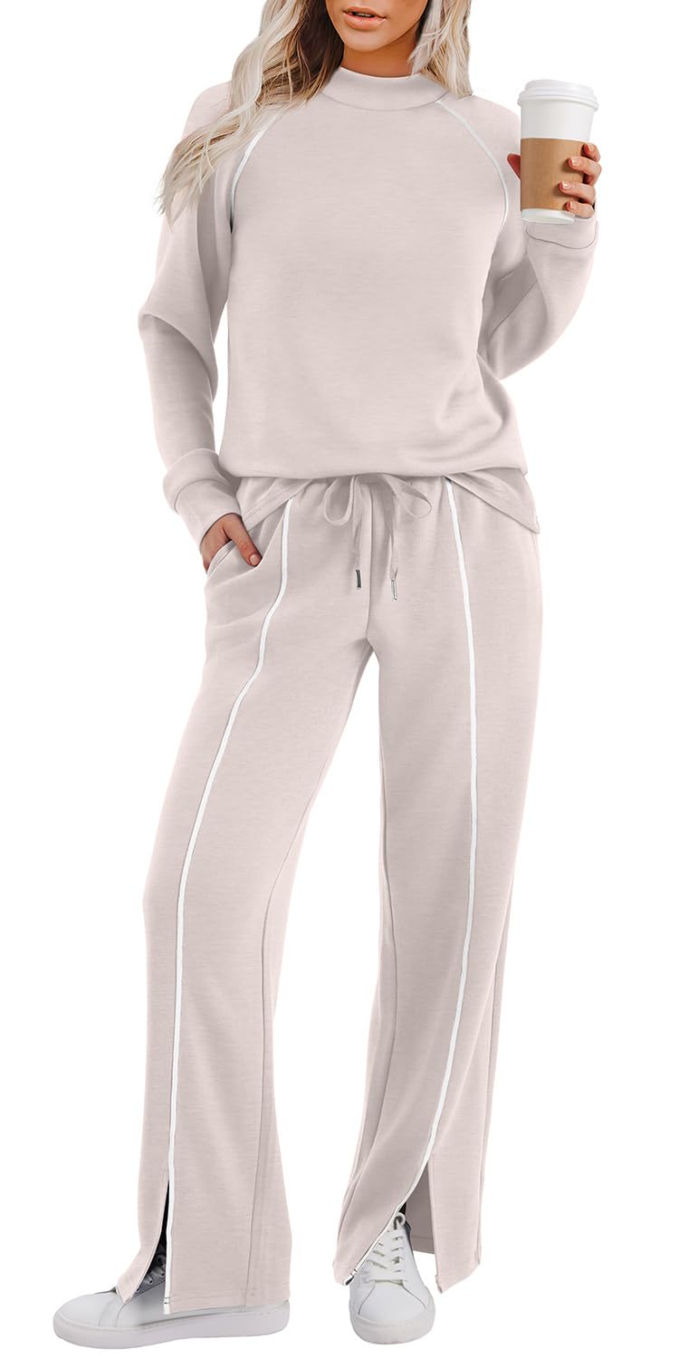 WIHOLL Two Piece Sets for Women Travel Set Womens Clothing Long Sleeve Tops Comfy Set Comfiest Airport Outfits Beige S - Image 3