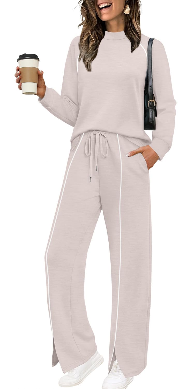 WIHOLL Two Piece Sets for Women Travel Set Womens Clothing Long Sleeve Tops Comfy Set Comfiest Airport Outfits Beige S - Image 1