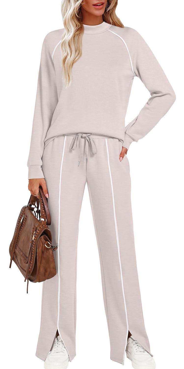 WIHOLL Two Piece Sets for Women Travel Set Womens Clothing Long Sleeve Tops Comfy Set Comfiest Airport Outfits Beige S - Image 4