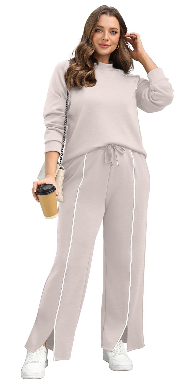 WIHOLL Two Piece Sets for Women Travel Set Womens Clothing Long Sleeve Tops Comfy Set Comfiest Airport Outfits Beige S - Image 2