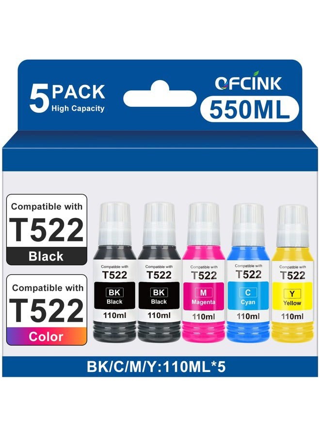 OFCINK 522 High Capacity (5 Bottles) Ink Refill Bottles Remanufactured for Epson 522 EcoTank Ink Use for EcoTank ET-2800, ET-4800, ET-2400, ET-2803, ET-2720, ET-2840, ET-4700 (550ML, Not Sublimation Ink) - Image 1