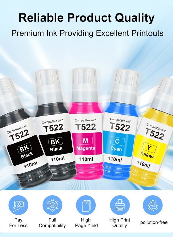 OFCINK 522 High Capacity (5 Bottles) Ink Refill Bottles Remanufactured for Epson 522 EcoTank Ink Use for EcoTank ET-2800, ET-4800, ET-2400, ET-2803, ET-2720, ET-2840, ET-4700 (550ML, Not Sublimation Ink) - Image 5
