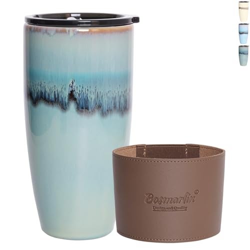Bosmarlin Ceramic Trave Coffeel Mug with Lid 21 oz Portable Coffee Cup for Car Cup Holder Microwave and Dishwasher Safe Reactive Glaze - Image 1