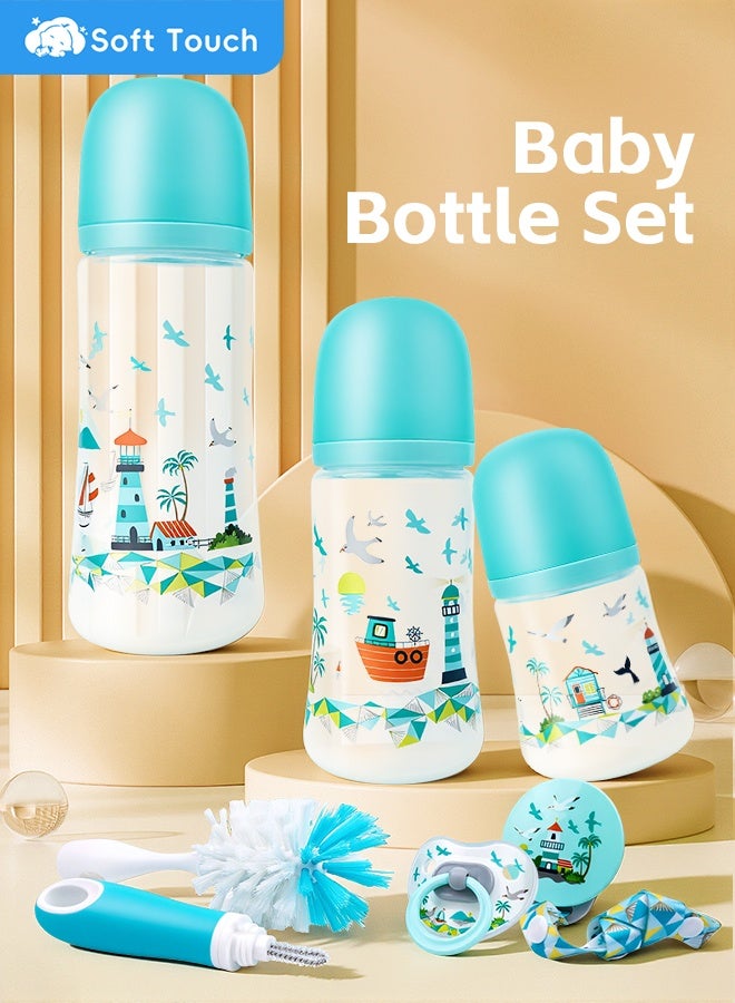 Soft Touch 6 Pcs Baby Feeding Bottle Set, Newborn Gift Set with 3 Feeding Bottles(150/240/330 ml), Bottle Cleaning Brush Pacifier Clip and Pacifier, BPA Free, Baby Bottle Starter Kit for 0+ months Baby (Green) - Image 3