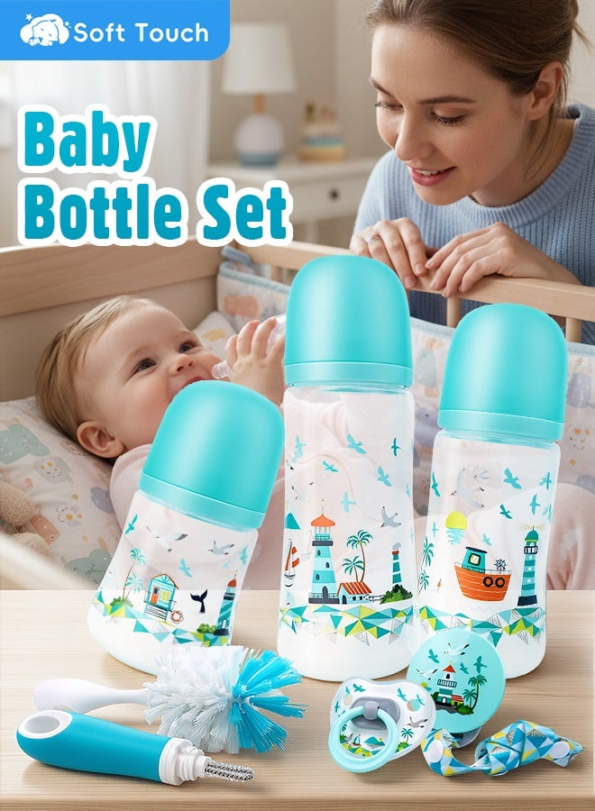 Soft Touch 6 Pcs Baby Feeding Bottle Set, Newborn Gift Set with 3 Feeding Bottles(150/240/330 ml), Bottle Cleaning Brush Pacifier Clip and Pacifier, BPA Free, Baby Bottle Starter Kit for 0+ months Baby (Green) - Image 2