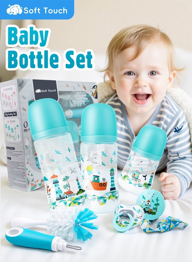 Soft Touch 6 Pcs Baby Feeding Bottle Set, Newborn Gift Set with 3 Feeding Bottles(150/240/330 ml), Bottle Cleaning Brush Pacifier Clip and Pacifier, BPA Free, Baby Bottle Starter Kit for 0+ months Baby (Green) - Image 1