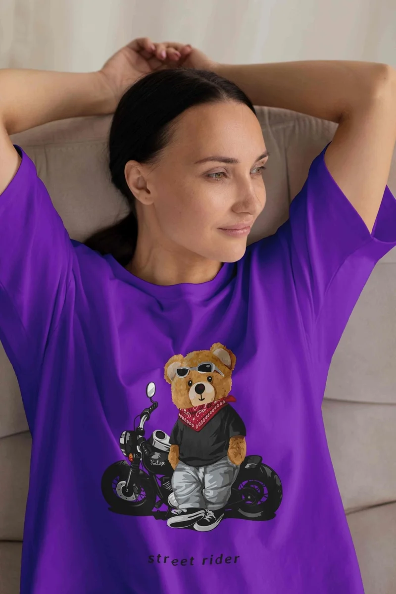 DogFish Women's Lilac Teddy Printed Oversize T-Shirt