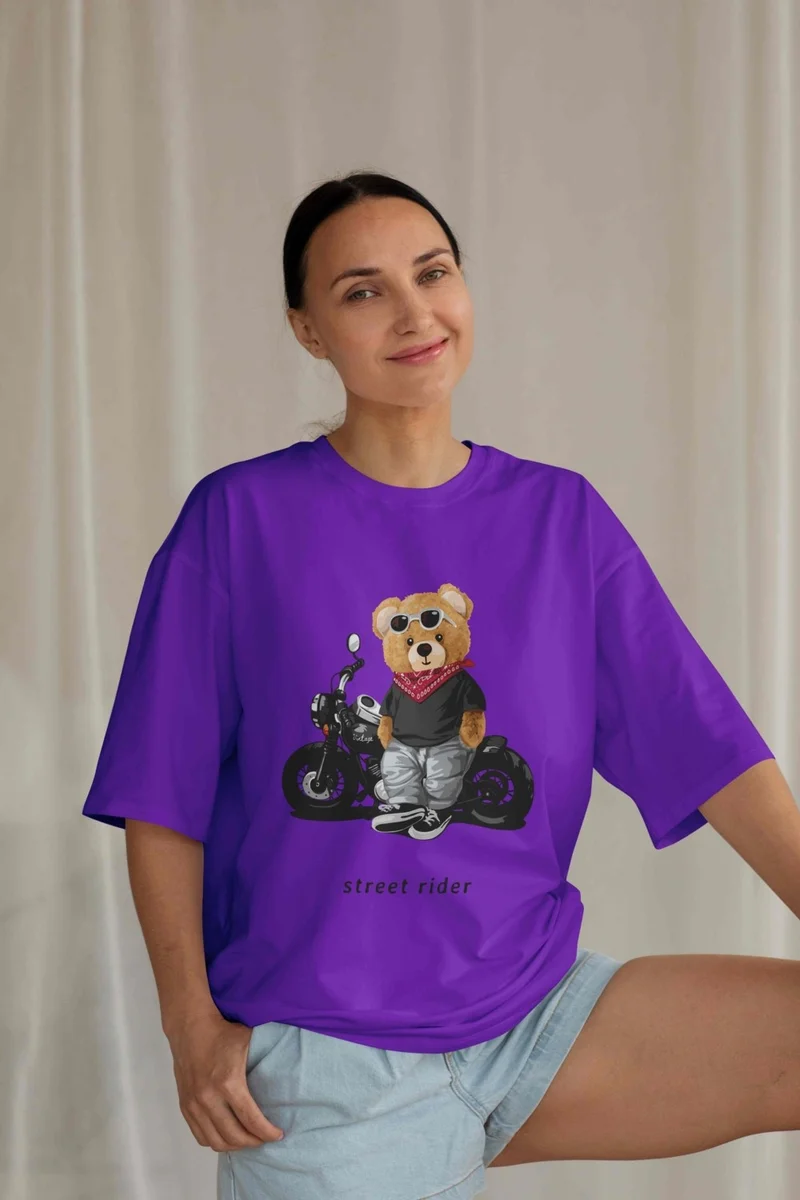 DogFish Women's Lilac Teddy Printed Oversize T-Shirt