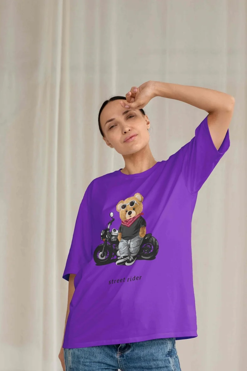 DogFish Women's Lilac Teddy Printed Oversize T-Shirt