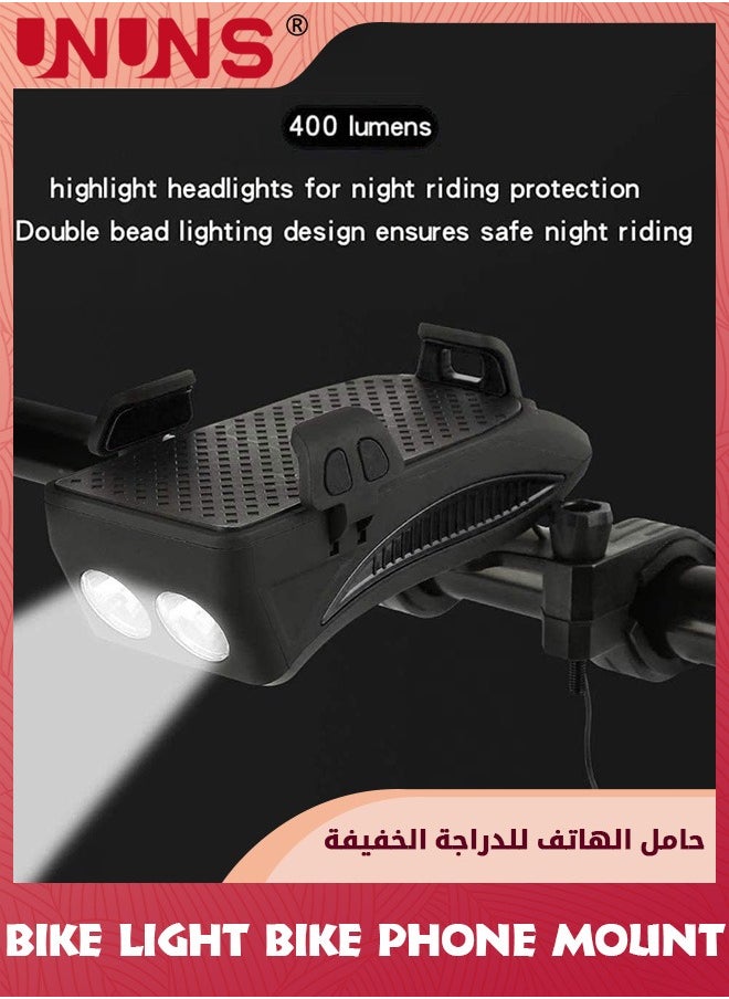 UNUNS Bike Phone Mount And Front Light Set,USB Rechargeable Bike Light And Phone Holder,Adjustable Bicycle Holder Handlebar Bicycle Headlight With Horn Trumpet,Fits Mountain Bike  - Image 3