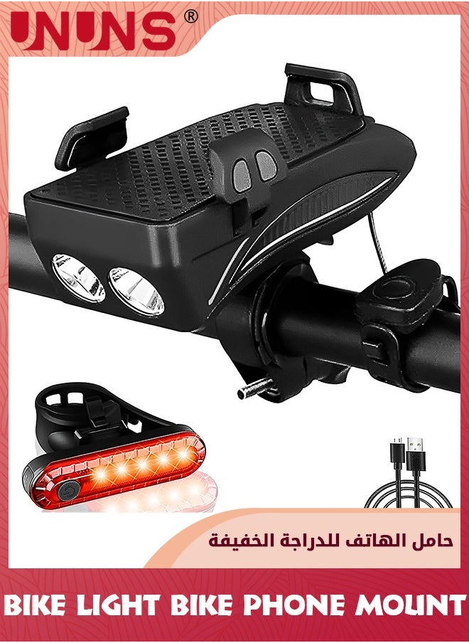 UNUNS Bike Phone Mount And Front Light Set,USB Rechargeable Bike Light And Phone Holder,Adjustable Bicycle Holder Handlebar Bicycle Headlight With Horn Trumpet,Fits Mountain Bike  - Image 1