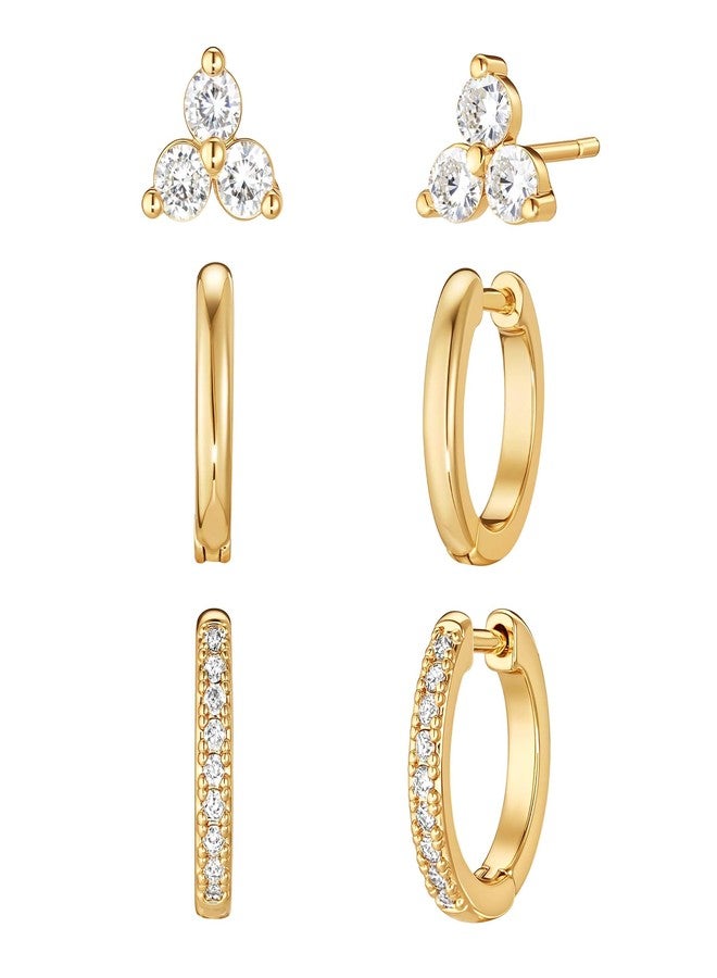 VACRONA 3 Pairs Small Hoop Earrings Stack 14K Gold Plated CZ Hoops Earrings Cute Studs Huggie Earrings Trendy Jewelry Gift for Women - Image 1