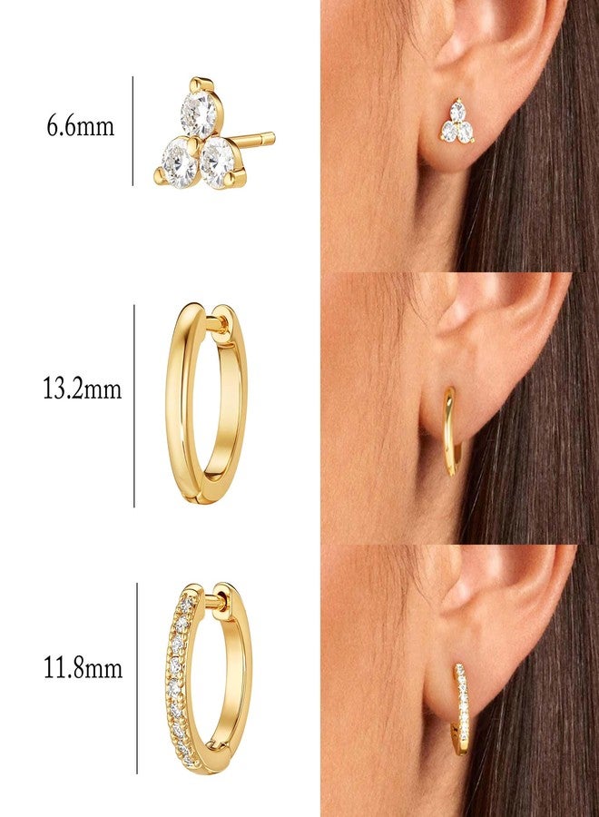 VACRONA 3 Pairs Small Hoop Earrings Stack 14K Gold Plated CZ Hoops Earrings Cute Studs Huggie Earrings Trendy Jewelry Gift for Women - Image 4
