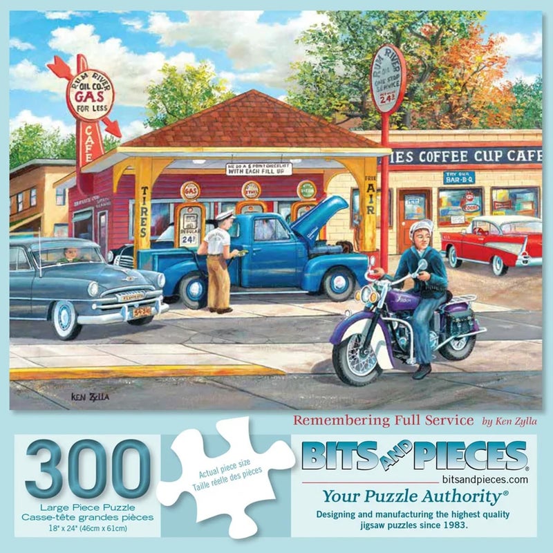 Bits and Pieces 300 Piece Puzzles for Adults Remembering Full Service 300 Large Pieces 18 x 24 Jigsaw Puzzles Classic Cars Gas Staion Americana No 2 Pieces Alike - Image 3
