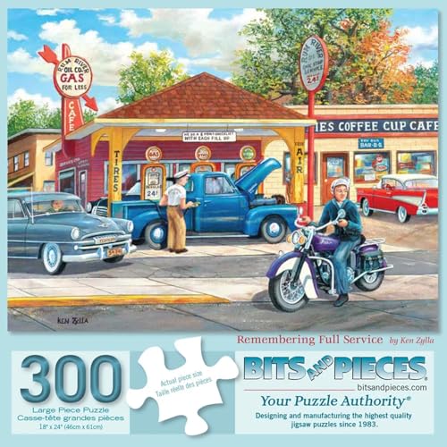 Bits and Pieces 300 Piece Puzzles for Adults Remembering Full Service 300 Large Pieces 18 x 24 Jigsaw Puzzles Classic Cars Gas Staion Americana No 2 Pieces Alike - Image 1