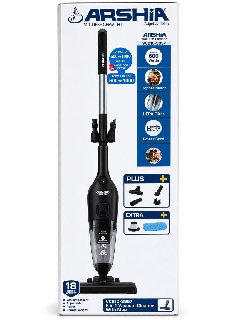 Arshia 6-in-1 Stick Vacuum Cleaner with Mop – Black-18-month warranty - Image 1