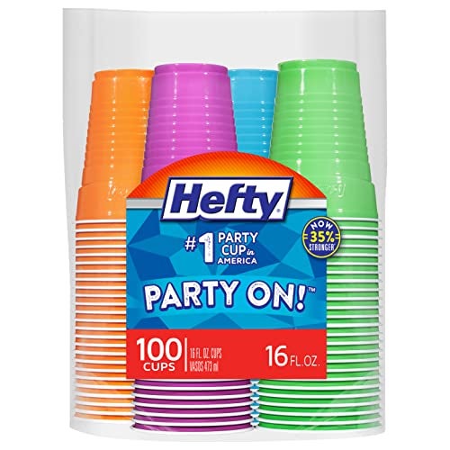 Hefty Party On Disposable Plastic Cups Assorted 16 Ounce 100 Count