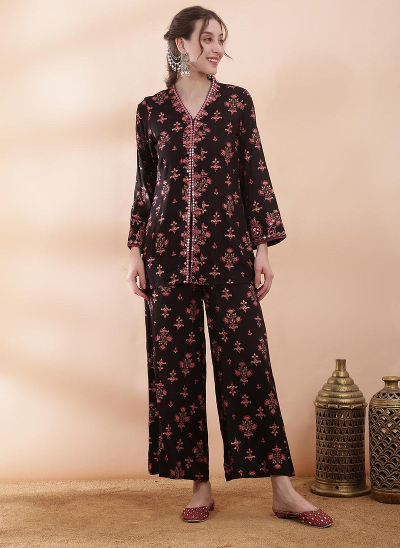 Globus Women Black Floral Embroidered Mirror Work Fusion Co Ord Set with V Neck and Bell Sleeves - Image 1