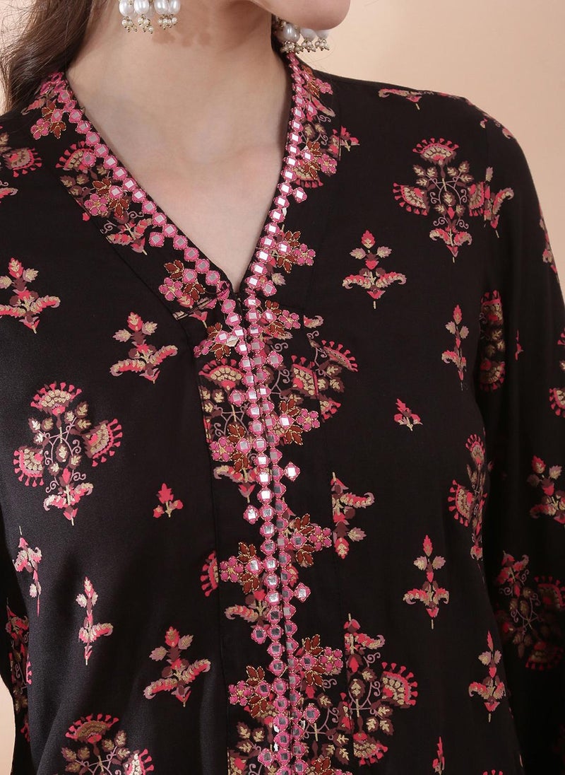 Globus Women Black Floral Embroidered Mirror Work Fusion Co Ord Set with V Neck and Bell Sleeves - Image 5