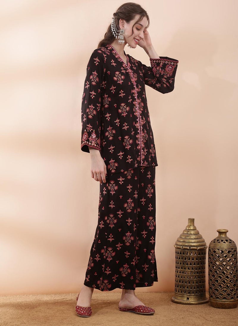 Globus Women Black Floral Embroidered Mirror Work Fusion Co Ord Set with V Neck and Bell Sleeves - Image 3