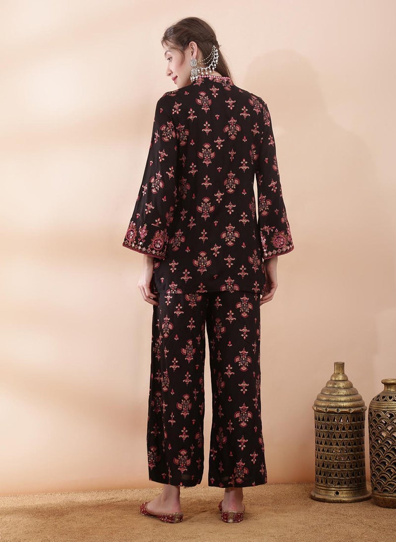 Globus Women Black Floral Embroidered Mirror Work Fusion Co Ord Set with V Neck and Bell Sleeves - Image 4