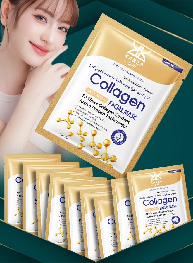 Kanza 10 Pcs Collagen Anti Aging Facial Mask Collagen Essential Face Mask,Hydrating Face Masks, Instant Lifting & Firming Firming Anti Aging Face Sheet Masks, Moisturizing Face Masks Real Deep Mask Korean Collagen Face Mask Skincare for All Skin Types Men and Women - Image 1