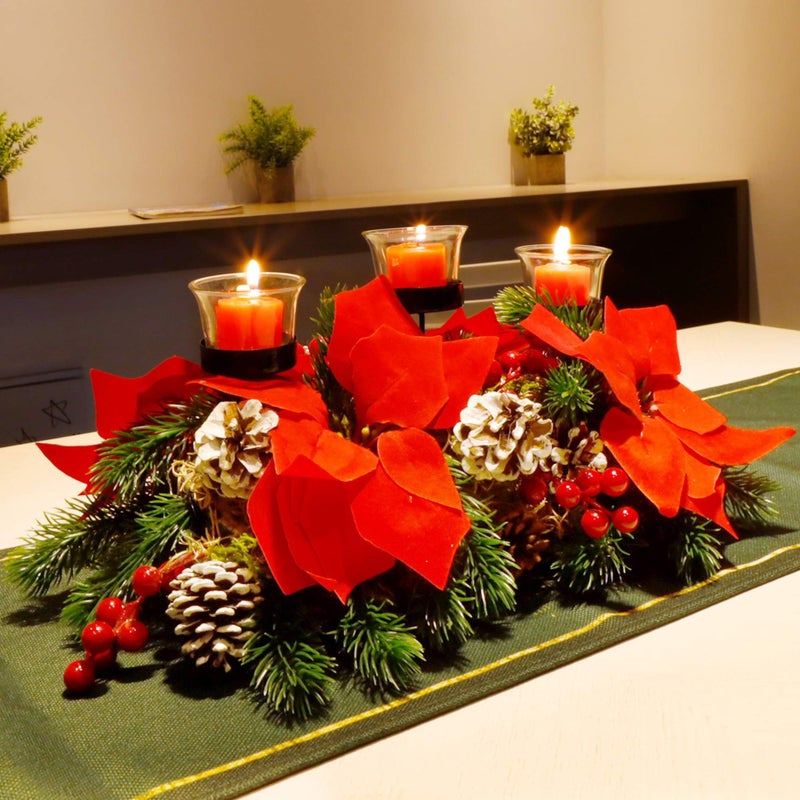 FORUP FORUP Christmas Centerpiece with 3 Candle Holders  Poinsettia Tabletop Decor for Home Party Table Mantel 