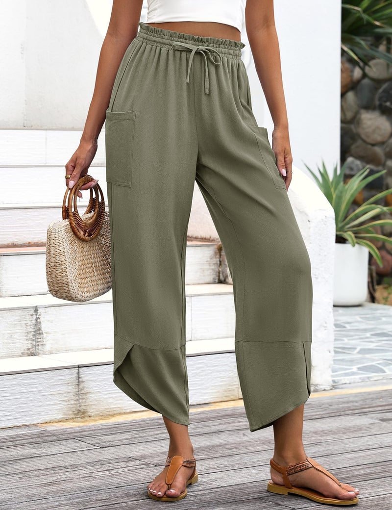 LOMON Wide Leg Gaucho Pants Woman Linen Boho Palazzo Travel Beach Flowy Harem Trousers with Drawstring and Pockets (Army Green,L) - Image 3