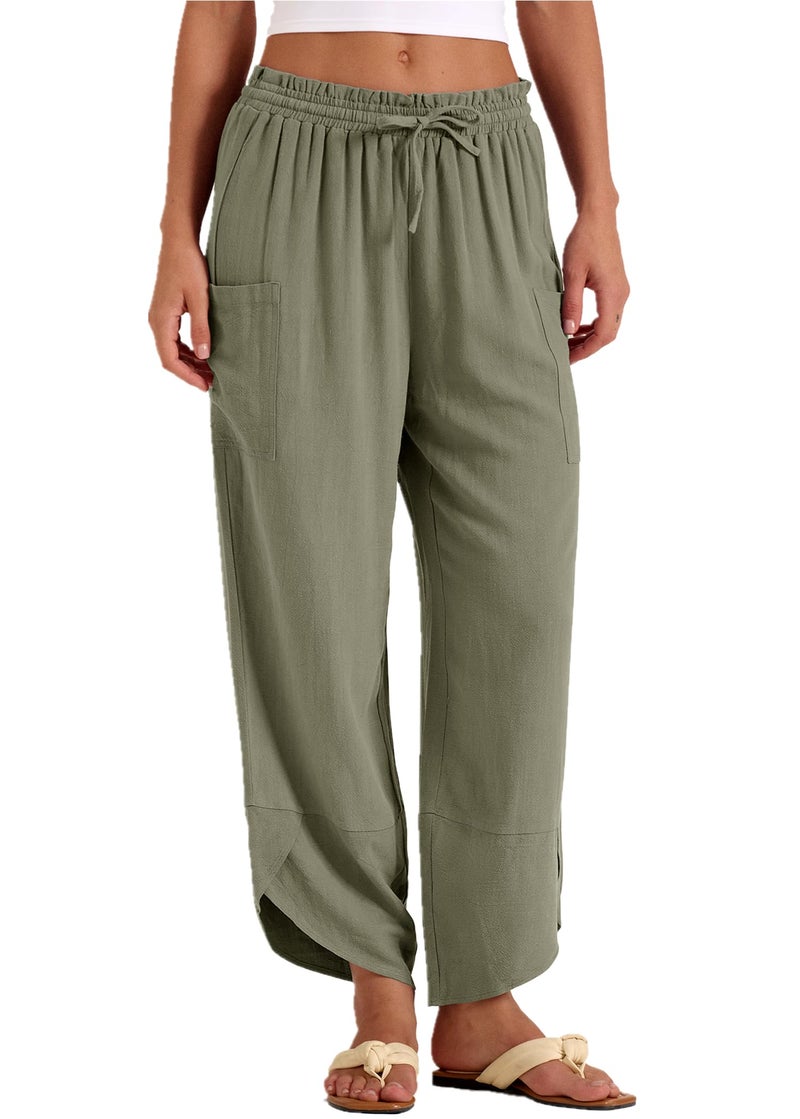 LOMON Wide Leg Gaucho Pants Woman Linen Boho Palazzo Travel Beach Flowy Harem Trousers with Drawstring and Pockets (Army Green,L) - Image 1