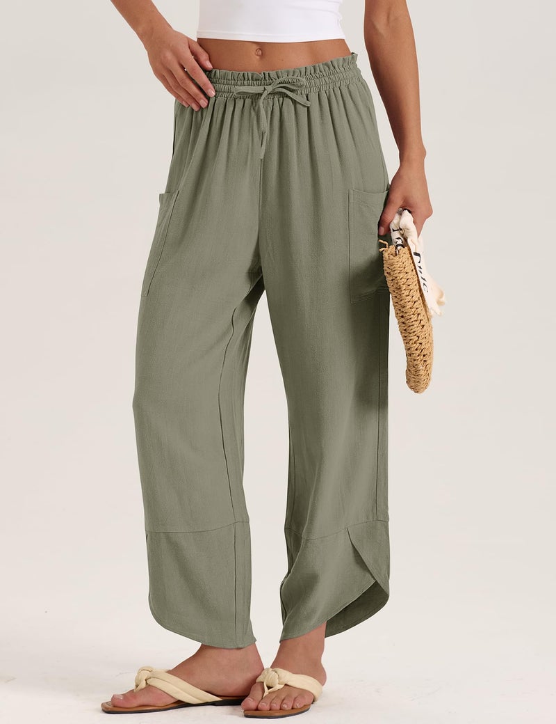 LOMON Wide Leg Gaucho Pants Woman Linen Boho Palazzo Travel Beach Flowy Harem Trousers with Drawstring and Pockets (Army Green,L) - Image 5