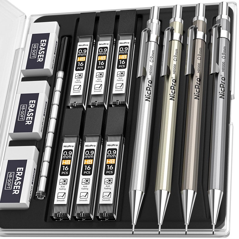 نيكبرو مجموعة أقلام رصاص ميكانيكية معدنية من نيكبرو، 4 قطع، 0.9 مم، قلم رصاص للرسم الهندسي 0.9 مم مع 8 عبوات إعادة تعبئة لرصاص HB رقم 2، 3 ممحاة 4B، 9 عبوات إعادة تعبئة للممحاة، مثالية للكتابة والرسم والتخطيط - تأتي مع حافظة - Image 1