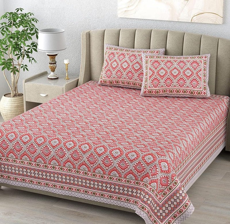 ElanorHomes 240 TC Jaipuri Cotton King Size Bedsheet (90x108 Inches) with 2 Pillow Covers | Handblock Floral Print | Soft, Breathable & Cooling Bed Sheet for Double Bed (Sindoori Jaali) - Image 2