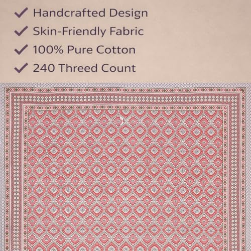 ElanorHomes 240 TC Jaipuri Cotton King Size Bedsheet (90x108 Inches) with 2 Pillow Covers | Handblock Floral Print | Soft, Breathable & Cooling Bed Sheet for Double Bed (Sindoori Jaali) - Image 4