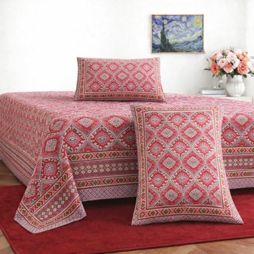 ElanorHomes 240 TC Jaipuri Cotton King Size Bedsheet (90x108 Inches) with 2 Pillow Covers | Handblock Floral Print | Soft, Breathable & Cooling Bed Sheet for Double Bed (Sindoori Jaali) - Image 1