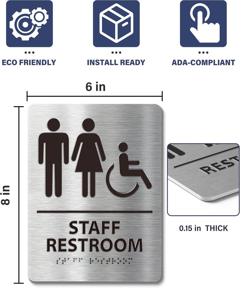 Abudada ADA-Compliant Employee Only Restroom Sign with Braille – Modern Aluminum Staff Bathroom Door Sign for Offices, Restaurants, Retail Stores, and Workplace with Easy Installation - 6" W x 8" H - Image 2