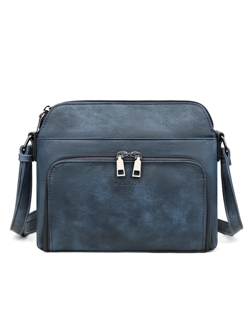 MASINTOR Crossbody Purse Bags for Women, Multi-Pocket Soft Leather Shoulder Purse, Lightweight Travel Handbag with Adjustable Strap Gray-Blue - Image 1