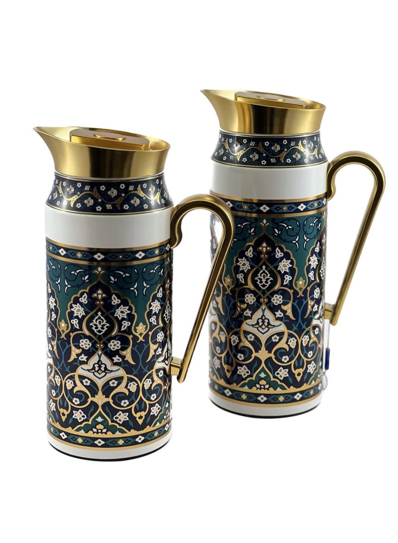 Homemaker 2-Piece Tea & Coffee Flask - 0.75 Liter & 1 Liter Capacity - Glass Inner - Steel Body - Multicolor Desing - Gold Handle - Image 3
