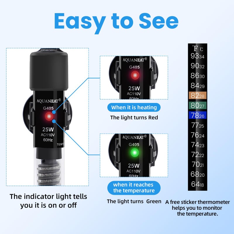 AQUANEAT Aquarium Heater, 25W Small Betta Fish Tank Heater, Mini Preset Water Thermostat with a Thermometer - Image 5