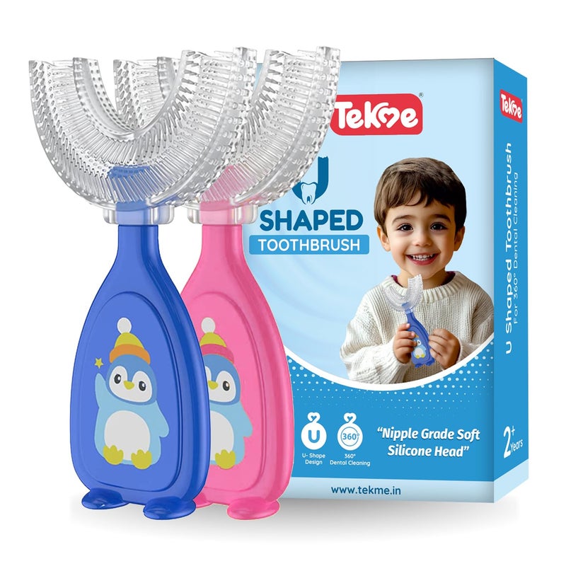 tekme U Shaped Toothbrush For Kids, Food Grade Soft Silicone Brush Head, 360? Oral Teeth Cleaning Tools, Children Infant U Shape Toothbrush (2-6 Years|Pack Of 2), Manual, Multicolor - Image 1