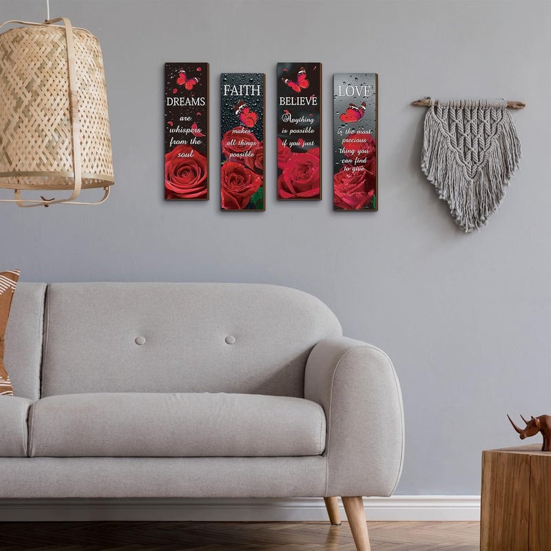 Qunclay 4 Pcs Roses Wall Decor Believe Faith Dream Love Inspirational Quote Wooden Sign Rustic Floral Butterfly Bathroom Decor for Home Bathroom Bedroom Restroom Living Room Kitchen Spa - Image 4