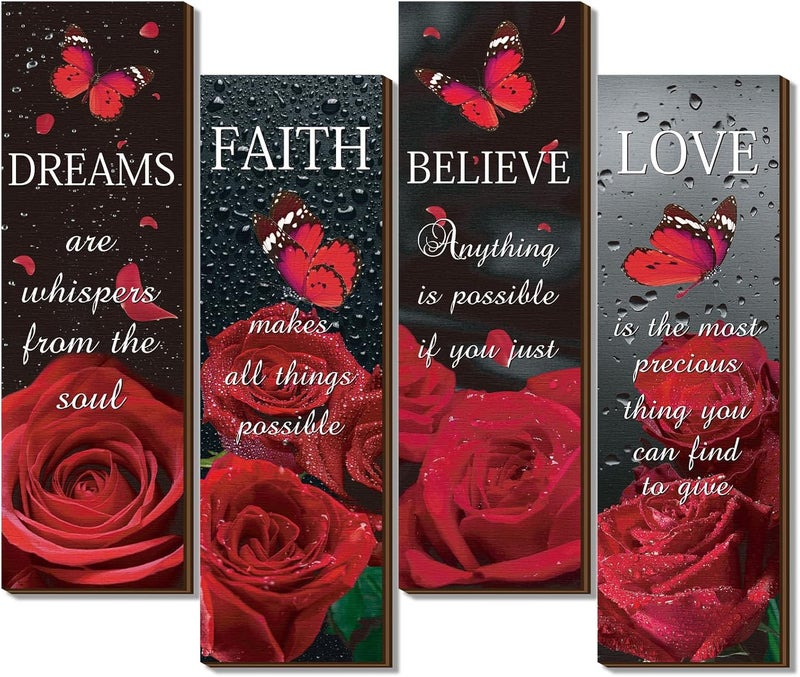 Qunclay 4 Pcs Roses Wall Decor Believe Faith Dream Love Inspirational Quote Wooden Sign Rustic Floral Butterfly Bathroom Decor for Home Bathroom Bedroom Restroom Living Room Kitchen Spa - Image 1