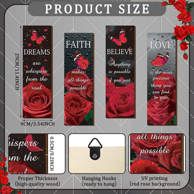 Qunclay 4 Pcs Roses Wall Decor Believe Faith Dream Love Inspirational Quote Wooden Sign Rustic Floral Butterfly Bathroom Decor for Home Bathroom Bedroom Restroom Living Room Kitchen Spa - Image 2