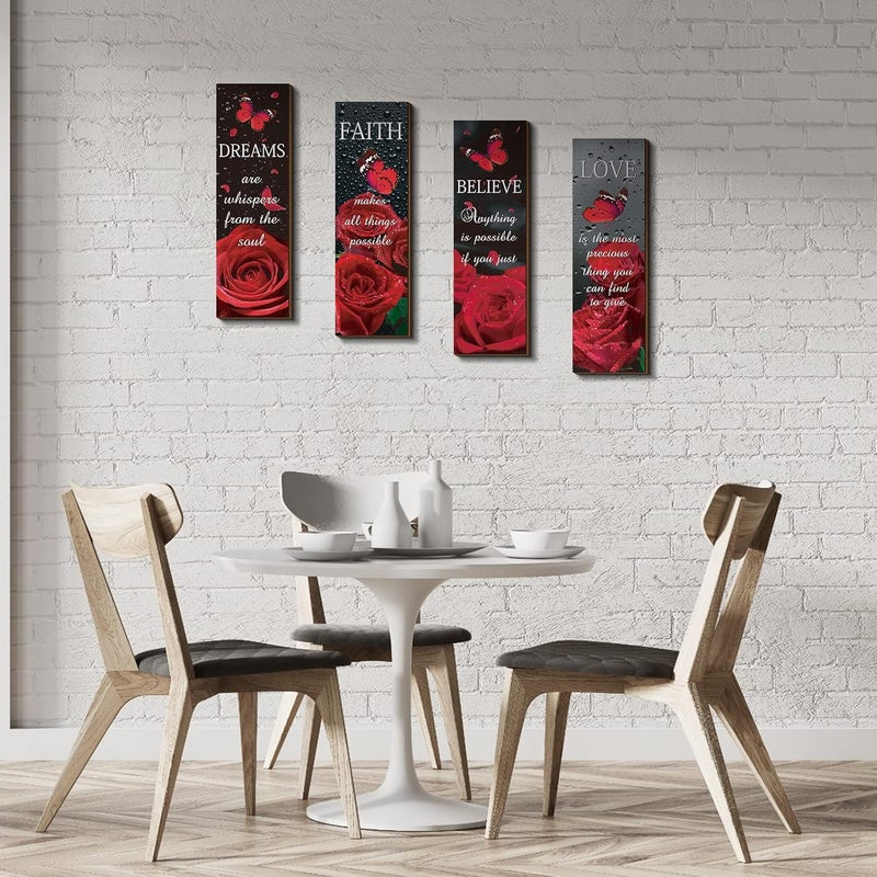 Qunclay 4 Pcs Roses Wall Decor Believe Faith Dream Love Inspirational Quote Wooden Sign Rustic Floral Butterfly Bathroom Decor for Home Bathroom Bedroom Restroom Living Room Kitchen Spa - Image 3