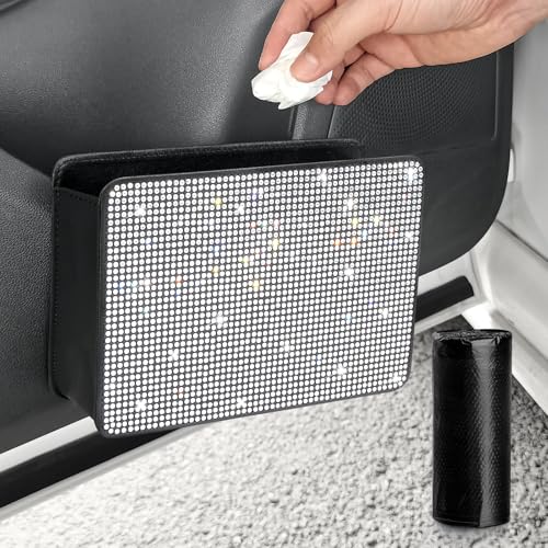 Accmor Bling Car Trash Can Foldable Vehicle Trash Bin Dustbin Garbage Organizer Storage Sparkling Crystal Rhinestone Trash Bags Holder Container with 30pcs Garbage Bag Car Accessories for Auto SUV - Image 1