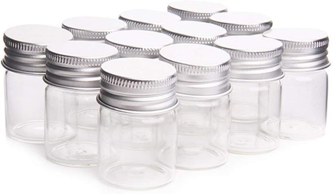 12 PCS EMPTY CLEAR GLASS BOTTLES WITH SCREW ALUMINUM CAP MINI CONTAINER JARS FOR ESSENTIAL OIL POWDERS CREAM OINTMENTS GREASE COSMETIC MAKEUP SAMPLE(15ML)