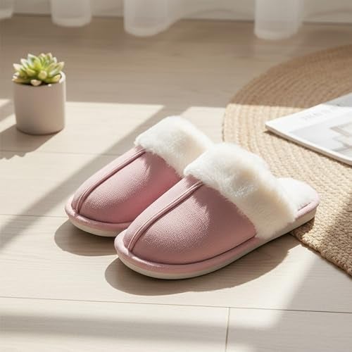 VRITRAZ Women’s Furry Warm Winter Slippers | Soft Plush Indoor Slides | Comfy Anti-Skid Home Footwear (Pink, Size 7) - Image 3