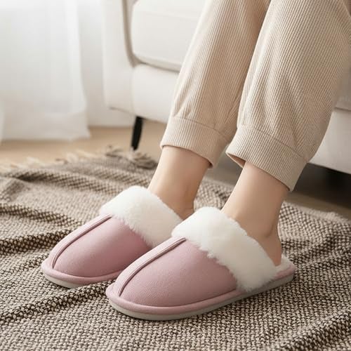VRITRAZ Women’s Furry Warm Winter Slippers | Soft Plush Indoor Slides | Comfy Anti-Skid Home Footwear (Pink, Size 7) - Image 2
